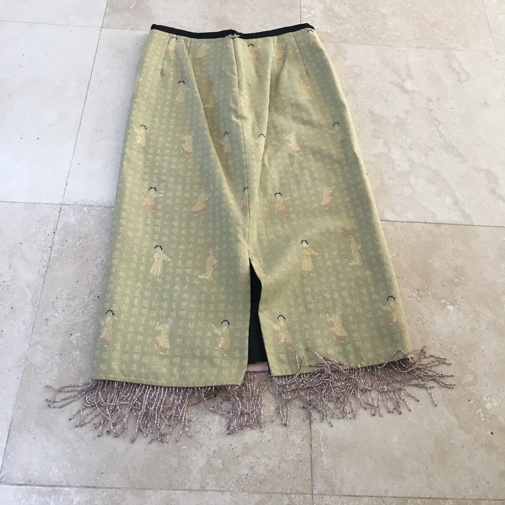 Vintage Green Printed Pencil Skirt with Fringe - Picture 2 of 8